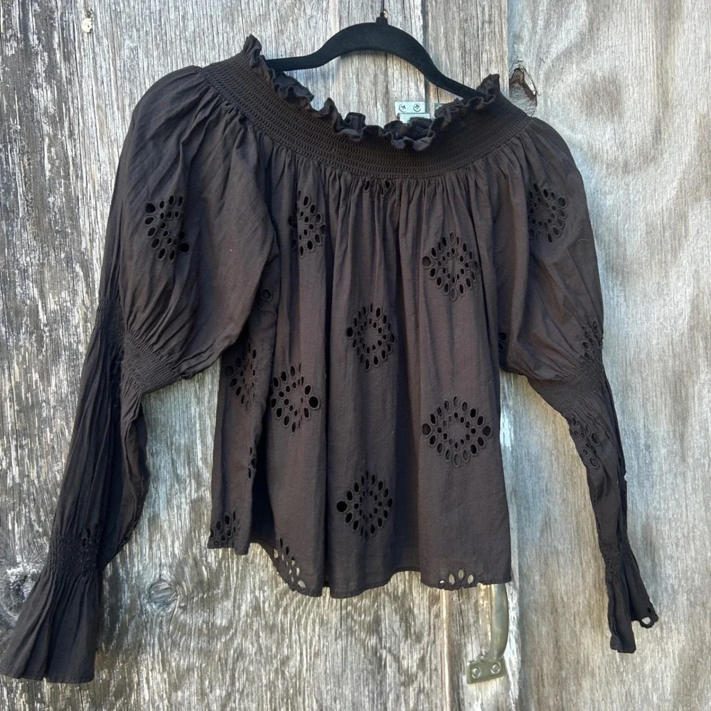 Black Eyelet Blouse Peasant Witch Boho Smocked Puff Sleeve Size M